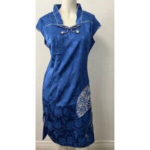 Unbranded Chinese Satin Blue White Fan Dress XL cotton spandex blend Qipao